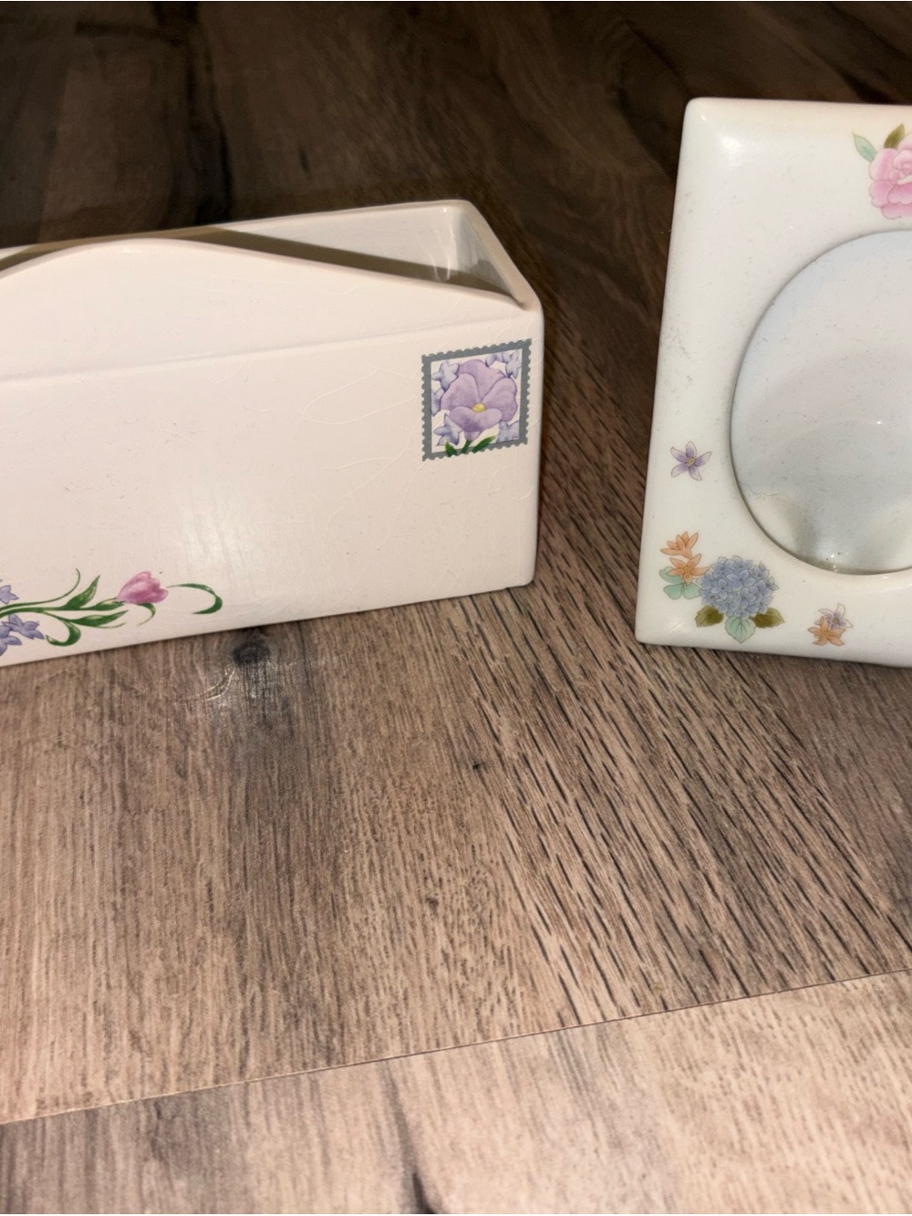 Floral Ceramic Mail Holder and Frame Set - White with Pastel Floral Accents